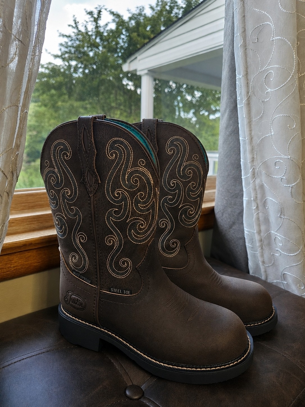 *New*Justin Gypsy Dark Western Steel-Toe Work Boots with Teal Lining-Waterproof